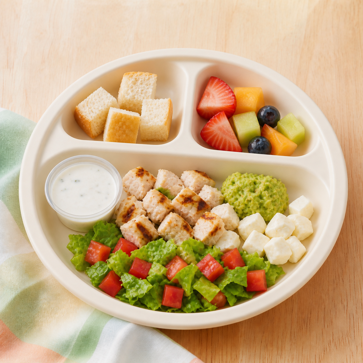 Toddler portion of SoCal chicken with vegetables and fruit